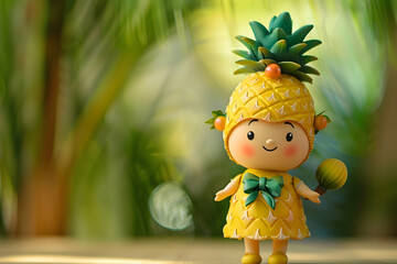 Cute Pineapple Doll Figure With Tropical Background