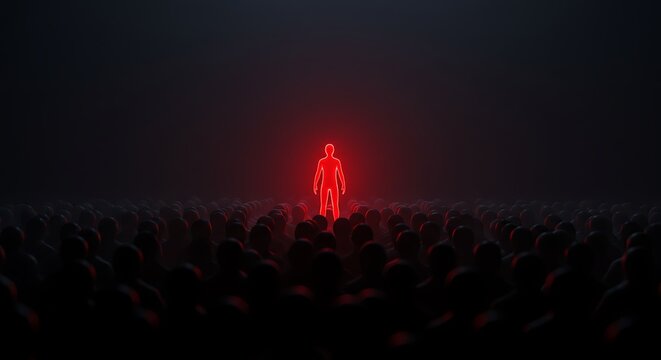 A dense crowd of matte black silhouettes, with a striking red figure in sharp contrast under a spotlight, emphasizing the peril of insider threats in data environments.