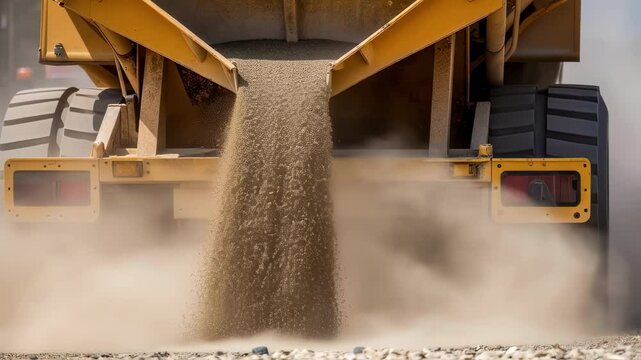Heavy duty yellow dumper truck unloading crushed stone material at active construction site, generating billowing dust cloud during earthmoving infrastructure development process