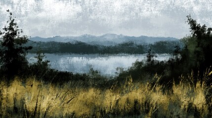 Fototapeta premium An artistic painting of a landscape scene with water and mountains