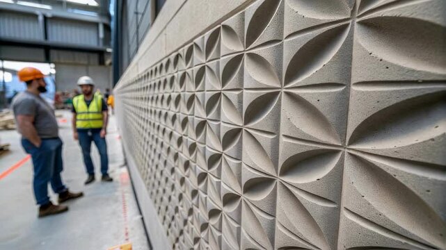 Construction workers in hard hats discuss newly installed precast concrete wall panels with a decorative repeating geometric floral pattern