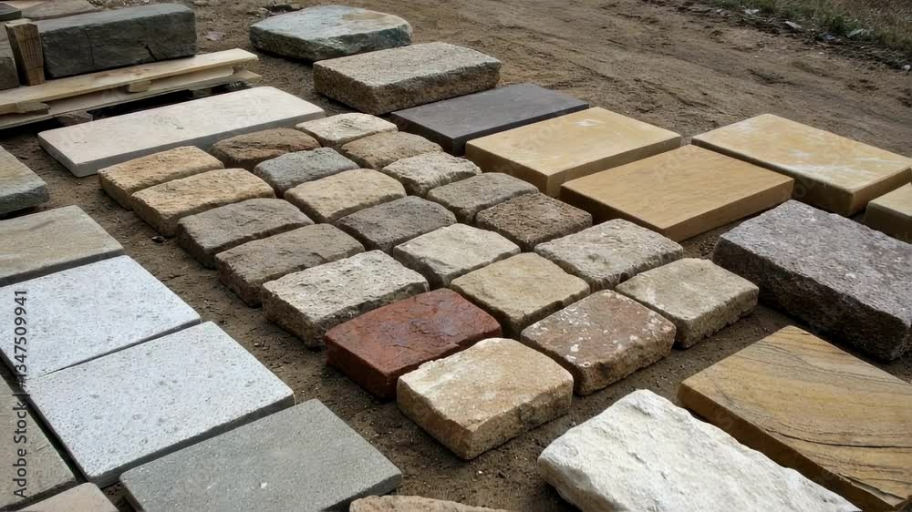 Poster several paving stones of different shapes, sizes, and colors lie on the ground at a construction sit