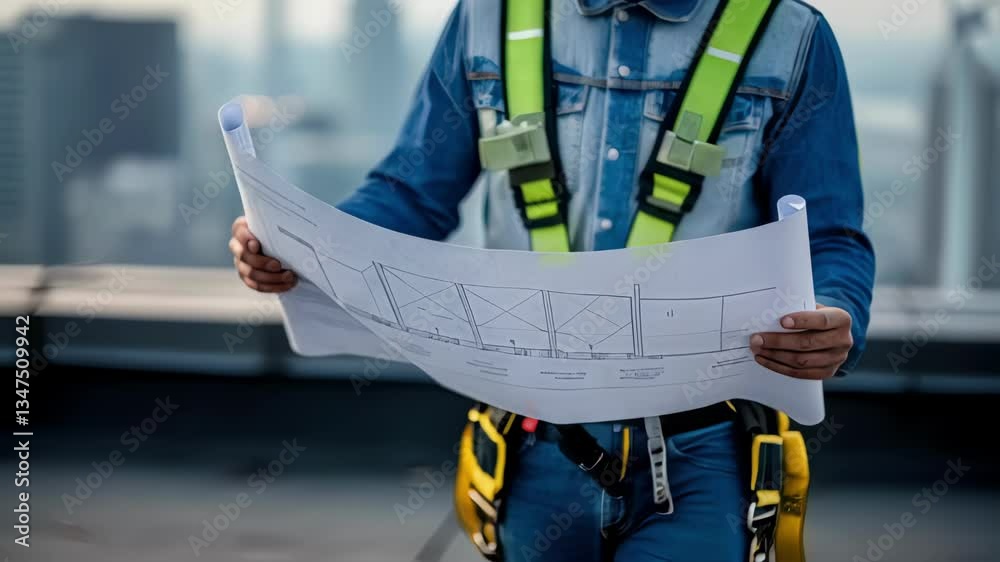 Poster construction worker wearing safety harness and helmet reviews blueprints on rooftop with cityscape b