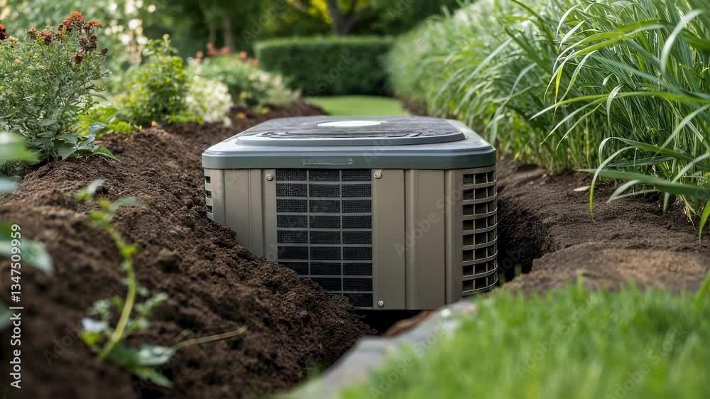 Poster installation process of a heat pump in a residential garden, placed in a dedicated hole next to a fl