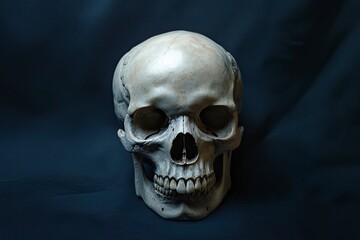 Obraz premium Human Skull Against Dark Background Medical Educational Halloween Concept