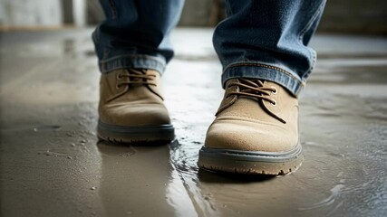 Close up of construction worker's boots carefully stepping on a recently poured concrete floor. Leaving distinct footprints. Highlighting the importance of safety and precaution on construction sites