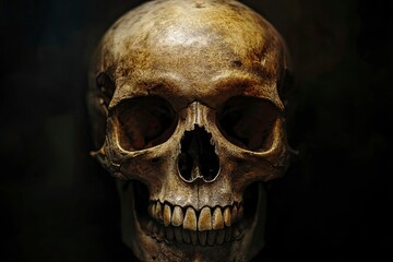 Obraz premium Human Skull Close Up on Dark Background Halloween Horror Concept