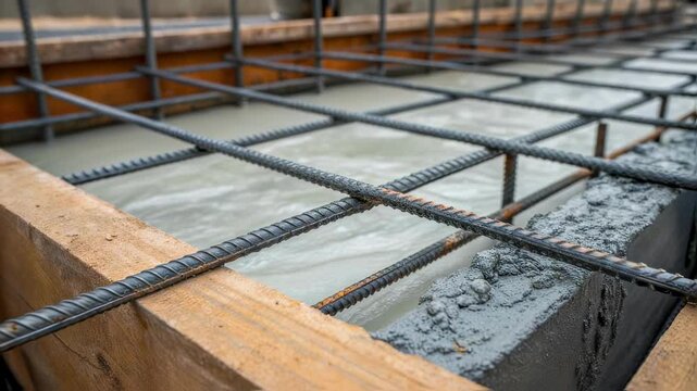 Liquid concrete is being poured into a wooden formwork structure, covering a grid of rebar reinforcement, creating a solid foundation for a construction project