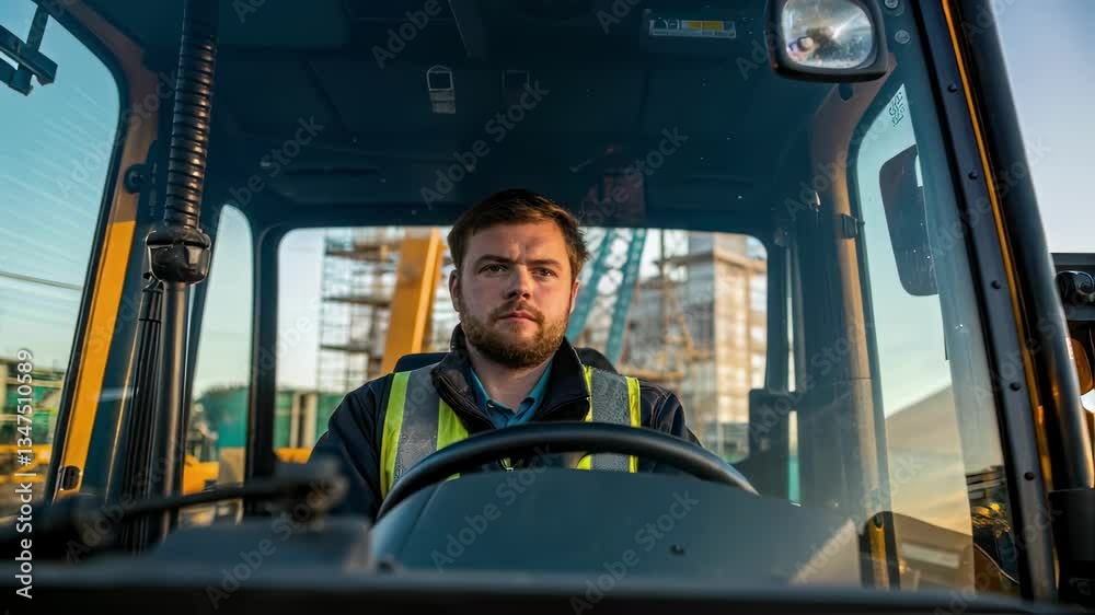 Poster construction worker wearing bright safety vest confidently operating telehandler at busy constructio