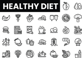 Illustration of healthy diet icons featuring fruits, vegetables, and nutritious meals.