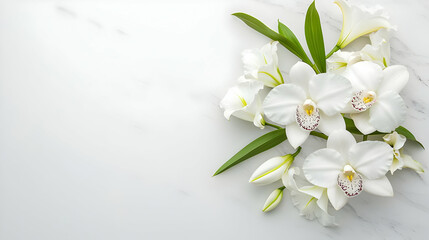 Fototapeta premium Elegant White Flowers Arrangement On Marble Background