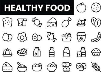 A collection of minimalist icons representing various healthy foods.