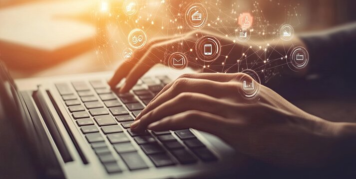 Hands typing on laptop, digital icons overlay