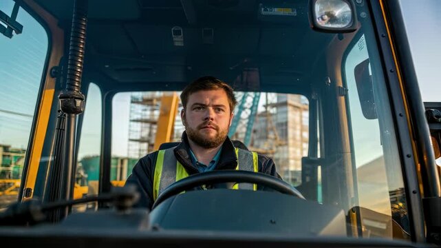 Construction worker wearing bright safety vest confidently operating telehandler at busy construction site, maintaining focused gaze while maneuvering heavy machinery with professional precision