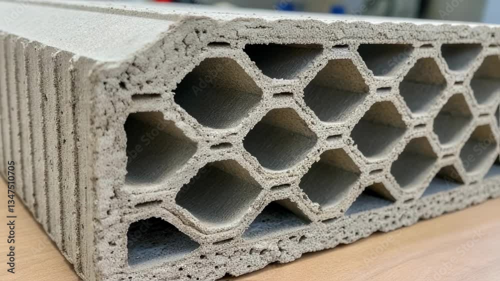 Poster Close up view of a gray brick with a unique honeycomb internal structure, emphasizing its potential for improved insulation, strength, and lightweight properties in building projects