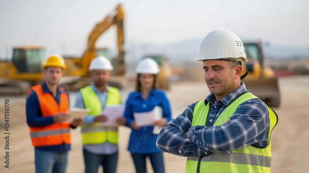 Poster Construction site manager wearing a safety helmet and vest explaining something to his team of engineers and architects on a construction site with excavators and bulldozers in the background
