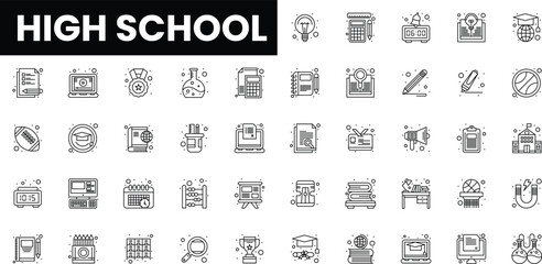 Illustrative icons representing high school subjects and activities.