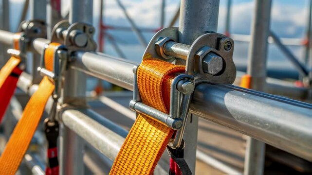 Orange ratchet straps are tightly fastened around metal scaffolding poles, ensuring stability and safety at a construction site, with a clear blue sky in the background
