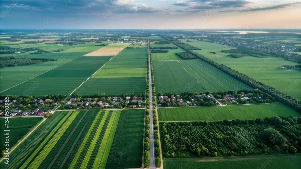 Aufkleber green fields and forests create a geometric pattern across a vast agricultural landscape, bisected b