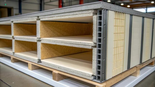 Construction workers assembling prefabricated, insulated wall panel, showcasing its layered structure of concrete, insulation, and internal supports in a factory setting
