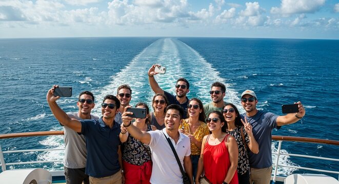Group of friends taking selfies together on a cruise ship deck with an ocean backdrop 