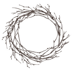 Wreath round woven from tree branches with thin twigs, no leaves. For decorating spring, summer, autumn, harvest. Graphic line art hand drawn with black ink. Round wreath, frame, template for text.
