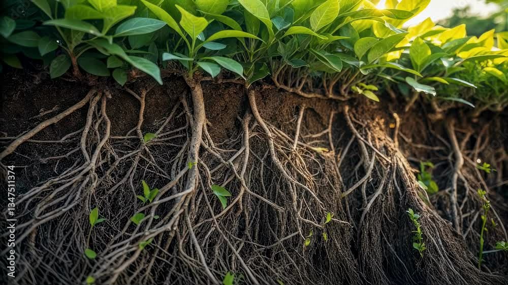 Poster healthy green plants thrive with complex root systems exposed on a soil surface, showcasing the intr