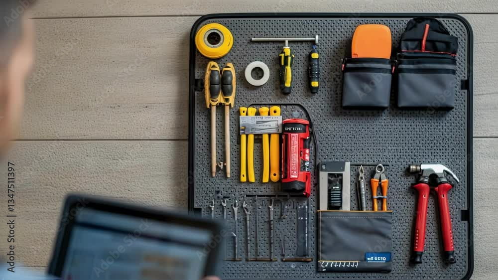 Aufkleber Professional technician using a tablet for efficient tool management, consulting a digital inventory system displayed on a screen, enhancing workflow organization with precision and control