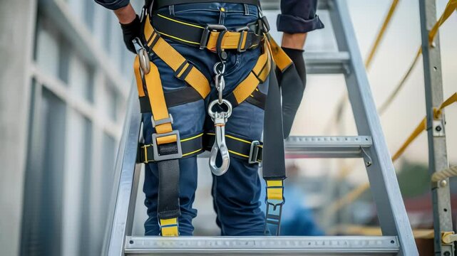Construction worker wearing a safety harness and fall protection equipment, ensuring workplace safety and preventing falls from heights on a construction site