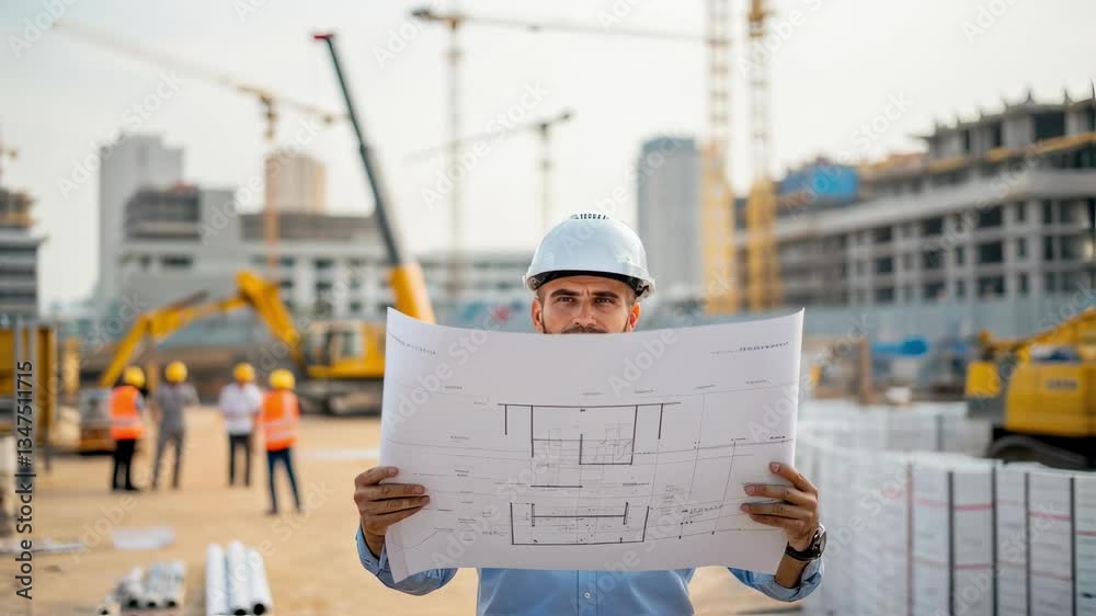 Poster construction site engineer wearing a hardhat reviews blueprints, ensuring project progresses as plan