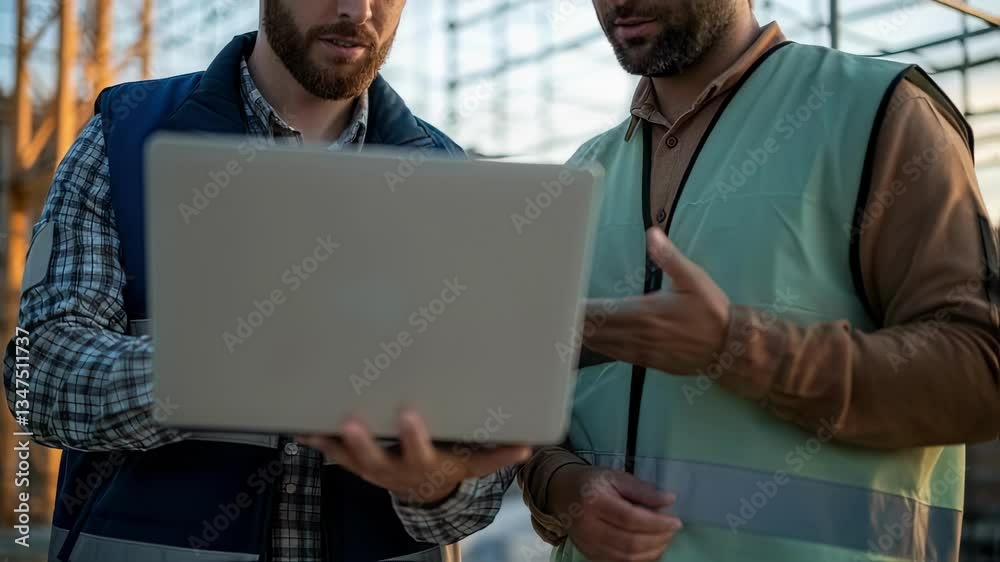 Poster Two engineers wearing safety helmets and vests are discussing a project on a laptop at a construction site, pointing at the screen and gesturing