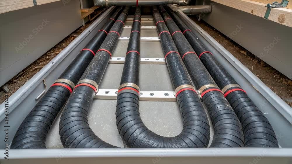 Poster multiple flexible conduits, neatly arranged and secured with metallic strips, convey electrical wire
