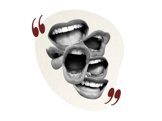 Contemporary art collage featuring screaming mouths. Communication concept, public opinion, public speaking, society, media. Message
