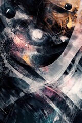 Abstract Dark Painting with Curved Lines and Spherical Shapes