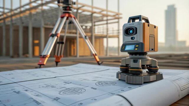 Robotic total station performing precise measurements and data collection at construction site, with blueprints and partially constructed building visible