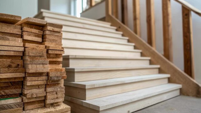 Construction progress is visible on a wooden staircase, featuring light colored steps and a stack of lumber beside it, indicating ongoing interior renovation or building work