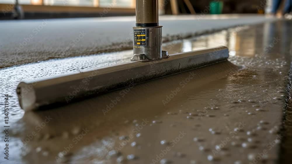 Aufkleber Polished concrete floor finishing process shows a construction worker using a bull float to level the concrete surface, ensuring a smooth and even finish