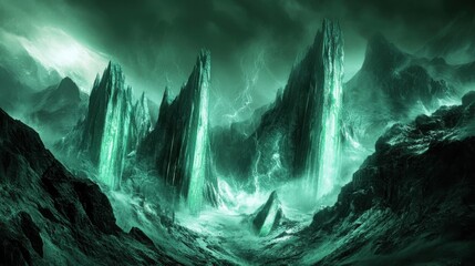 A fantastic landscape features towering rock formations with glowing elements