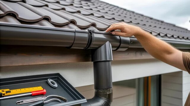 Professional roofing contractor carefully securing brown plastic downpipe along residential house exterior, using specialized tools during routine drainage system maintenance and installation