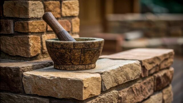 Stone mortar and pestle resting on weathered brick wall in sunlit outdoor garden, showcasing rustic culinary heritage with timeless kitchen tool against natural textured background