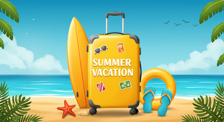 Fototapeta premium Summer Vacation Luggage on Beach