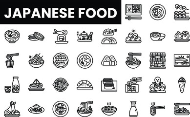 Variety of Japanese food icons showcasing traditional dishes and ingredients.