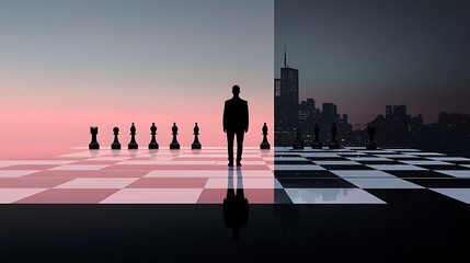 Businessman on a chessboard with city skyline