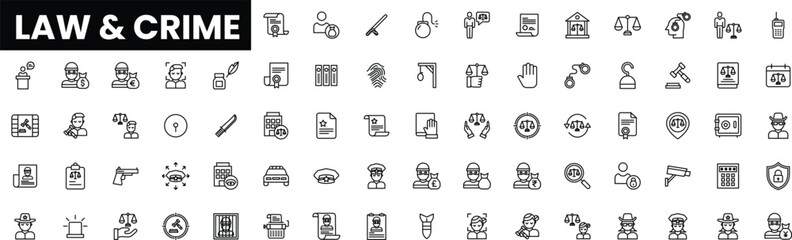 A diverse collection of law and crime-related icons in black and white.