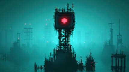 A futuristic city with a giant tower emitting red light