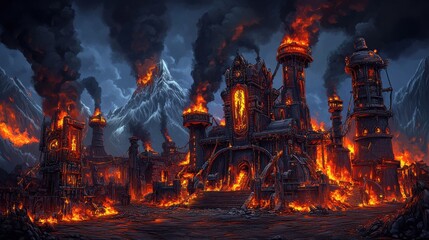 A massive imposing gothic fortress consumed by intense flames and smoke