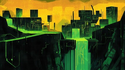 A futuristic city landscape depicted with abstract geometric shapes