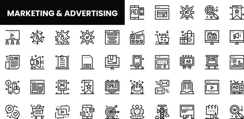 A diverse set of marketing and advertising icons in a sleek, minimalistic style.
