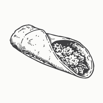recommend clip art: Black silhouette Fast food illustration. Hand-drawn sketch style burrito wrap with vegetables and meat pieces isolated on white background.