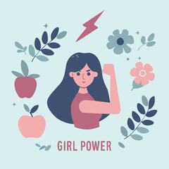 Strong Woman, Winning, Success Visual. Girl Power Life Goals Concept. Young Girl with Arm Flexed Vector Illustration